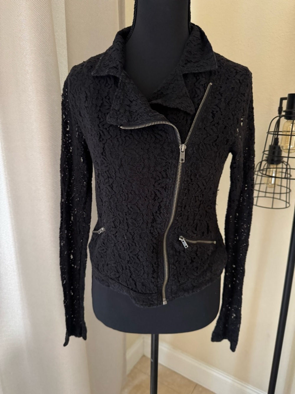Mudd Black Lace Moto Jacket Y2K Grunge Zip Front Fitted Motorcycle Jacket Small - Picture 2 of 7